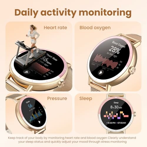 Smartwatch displaying heart rate, blood oxygen, pressure, and sleep tracking features.