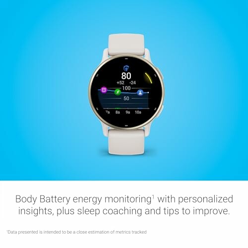Smartwatch displaying energy monitoring and sleep coaching features.