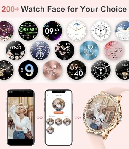 Various smartwatch faces with customization options displayed on a smartphone and smartwatch