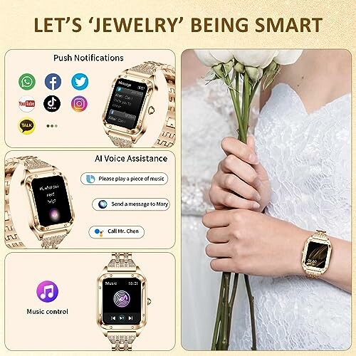 Smartwatch features including notifications, voice assistance, and music control.