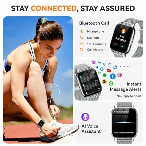 Smartwatch ad highlighting Bluetooth call, message alerts, and AI voice assistant.