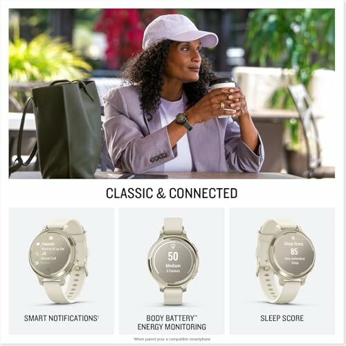Woman with smartwatch and features like smart notifications, energy monitoring, sleep score.