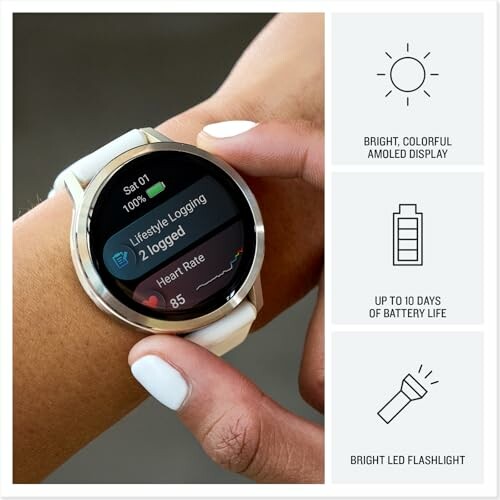 Smartwatch showing features: AMOLED display, battery life, LED flashlight.
