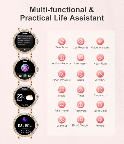 Smartwatch with various features including weather, music, and health tracking