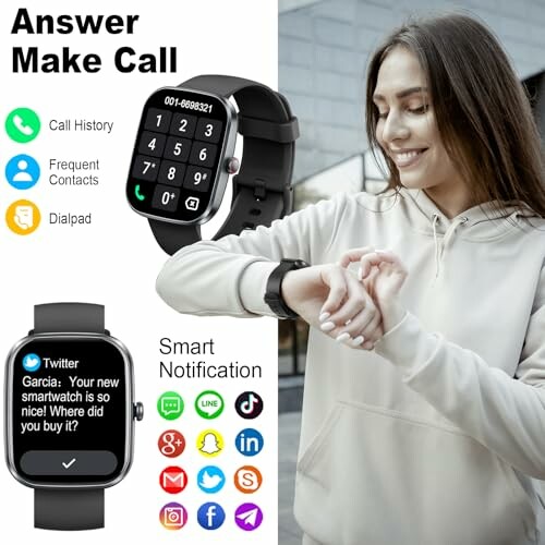 Woman using smartwatch with call and notification features displayed.