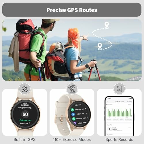 Smartwatch features showing GPS routes, exercise modes, and sports records.