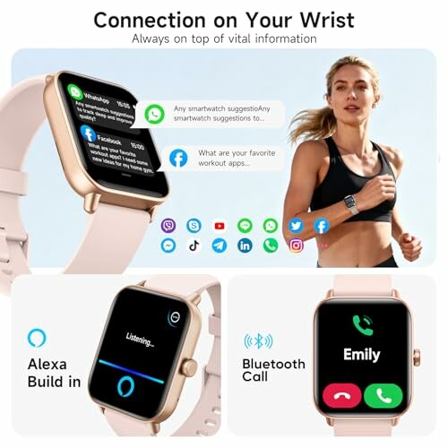 Smartwatch showcasing notifications, Alexa integration, and Bluetooth calling.