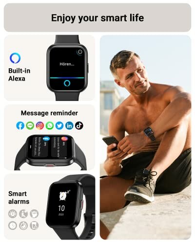 Collage showcasing smartwatch with built-in Alexa, message reminders, and smart alarms, worn by a man outdoors.