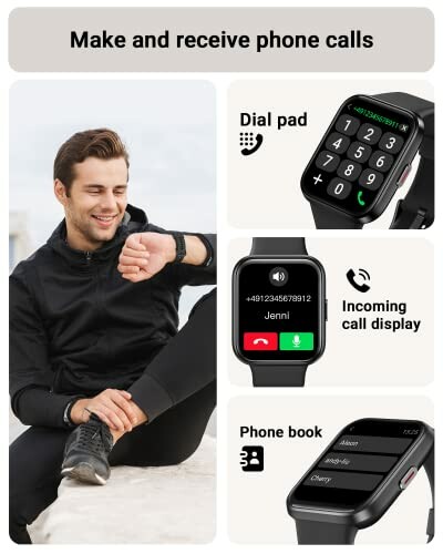 Smartwatch displaying call features including dial pad, incoming call display, and phone book.