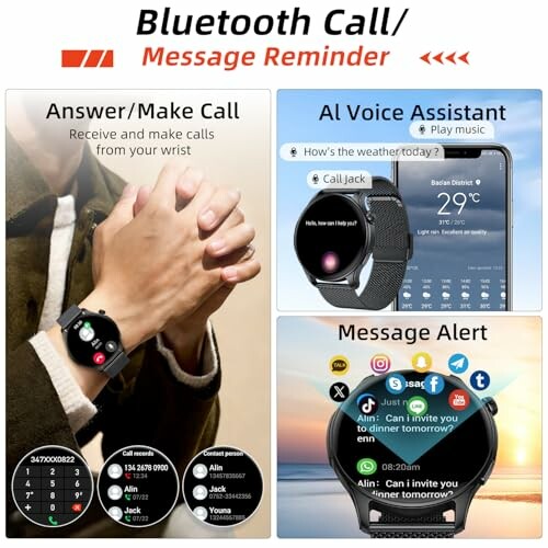 Smartwatch showing Bluetooth call, AI voice assistant, and message alert features.