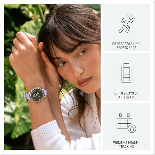 Woman wearing smartwatch with features: fitness tracking, long battery life, women's health tracking.