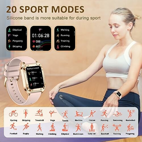 Smartwatch with 20 sport modes and silicone band.