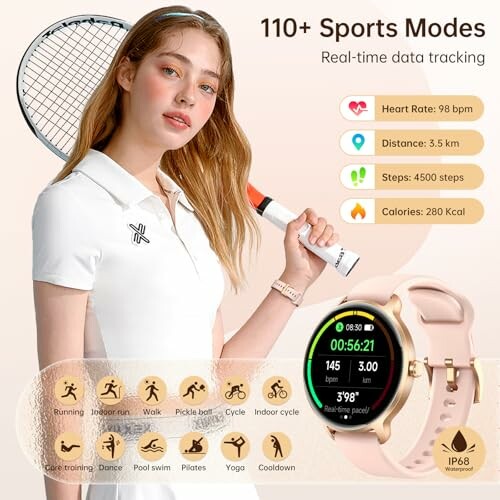 Woman with smartwatch showcasing fitness tracking features.