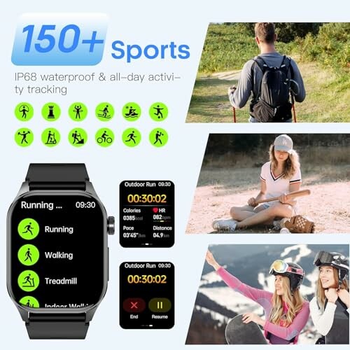 Smartwatch displaying fitness tracking features with people hiking and skiing.