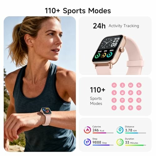 Woman wearing smartwatch with fitness tracking features and 110+ sports modes.