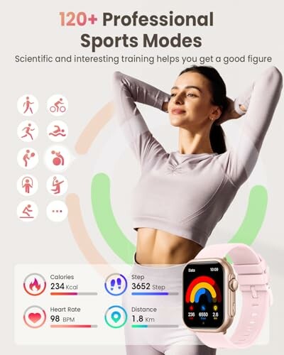 Woman wearing smartwatch with fitness tracking features, showcasing sports modes and health metrics.