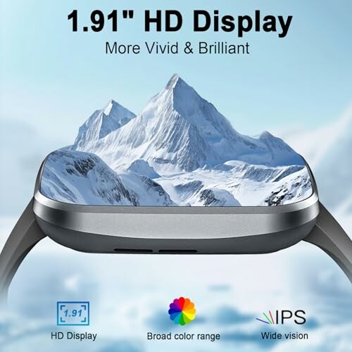 Smartwatch with 1.91 inch HD display featuring mountain image.