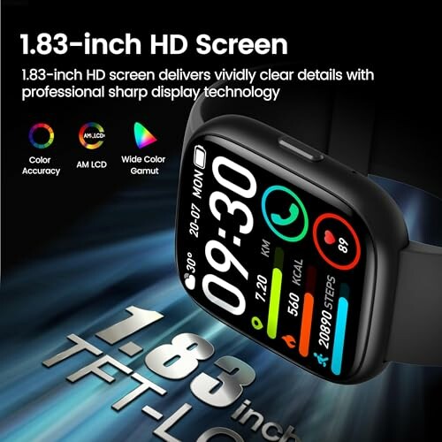 Smartwatch with 1.83-inch HD screen and display features.