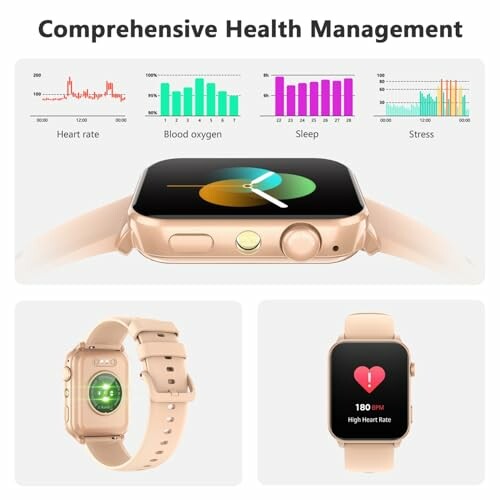 Smartwatch displaying health metrics: heart rate, blood oxygen, sleep, and stress.
