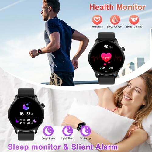 Smartwatch displaying health features with man running and woman sleeping.