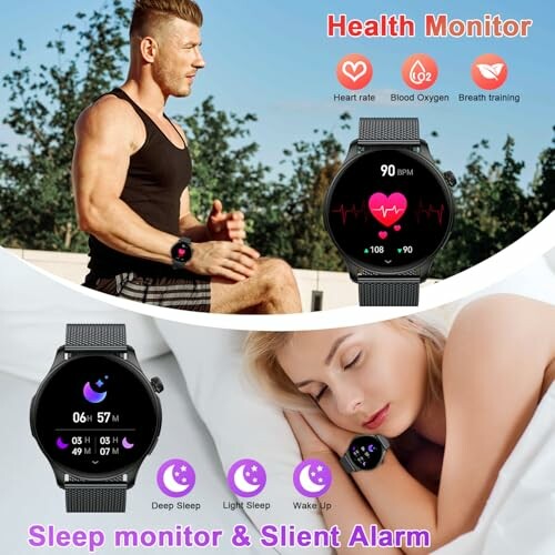 Smartwatch displaying health monitor features like heart rate and sleep tracking.