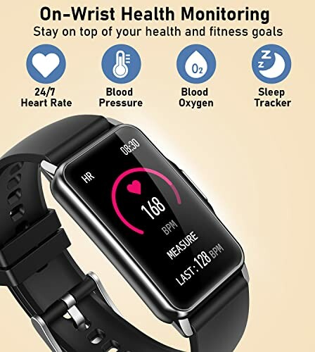 Smartwatch displaying health monitoring features like heart rate, blood pressure, oxygen, and sleep tracking.