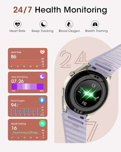 Smartwatch displaying health monitoring stats: heart rate, sleep tracking, blood oxygen, breath training