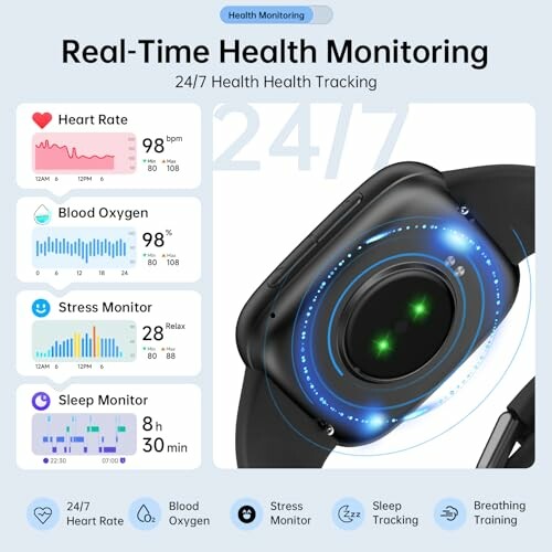 Smartwatch displaying real-time health monitoring features like heart rate, blood oxygen, stress, and sleep tracking.