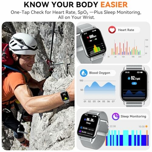 Smartwatch displaying health monitoring features on a rock climber.