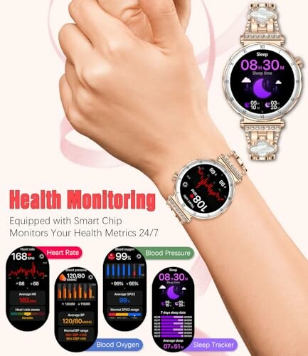 Smartwatch displaying health metrics like sleep, heart rate, blood pressure, and oxygen levels.