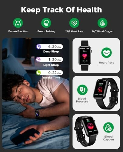 Smartwatch displaying health tracking features like heart rate, blood pressure, and blood oxygen.