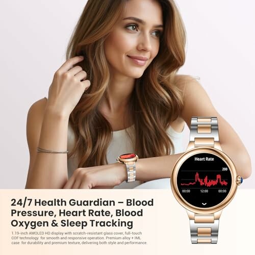 Woman wearing a smartwatch with health tracking features displayed.