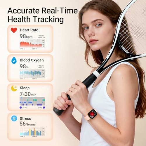 Woman holding tennis racket wearing smartwatch with health tracking features.