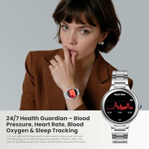 Smartwatch with health tracking features including heart rate and sleep monitoring.