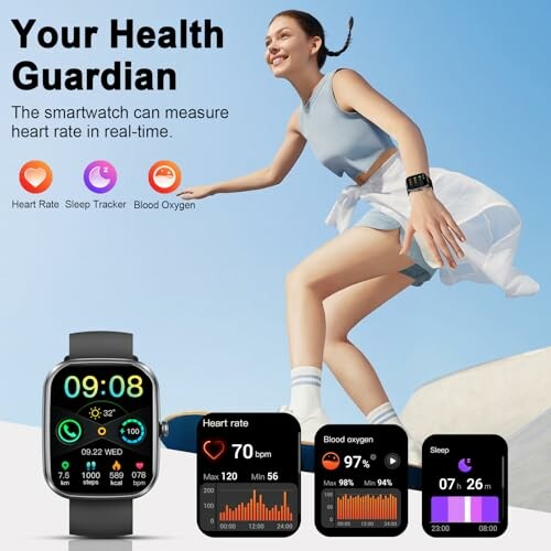 Woman jogging with a smartwatch displaying health tracking features like heart rate and blood oxygen.