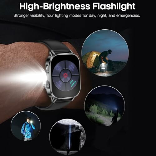 Smartwatch with high-brightness flashlight feature, showing various lighting modes for different scenarios.