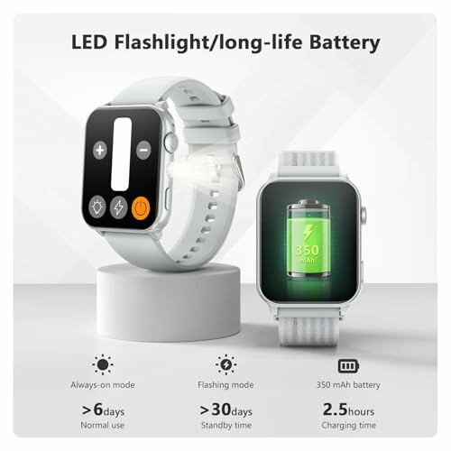 Smartwatch with LED flashlight and long-life battery features.