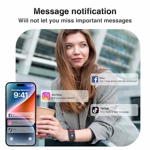 Woman with smartwatch receiving message notifications.