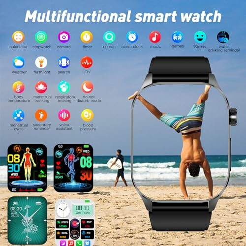 A person using the Yowow BIT smart watch to track their health insights on the beach.