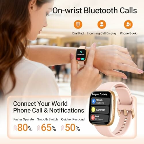 Smartwatch on wrist demonstrating Bluetooth call features and notifications.
