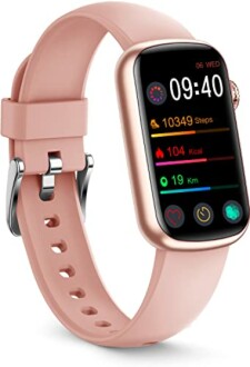 Pink smartwatch displaying fitness tracker data