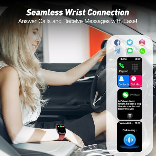 A woman using the Yowow BIT smart watch with a notification interface while driving.