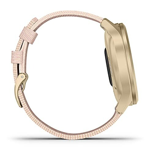 Side view of a smartwatch with a pink band and gold case