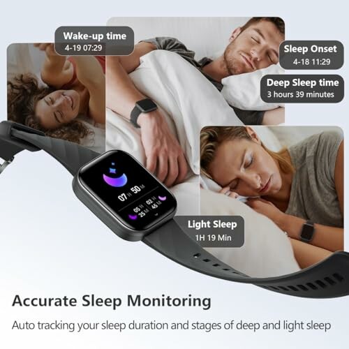 Smartwatch displaying sleep monitoring features with people sleeping.