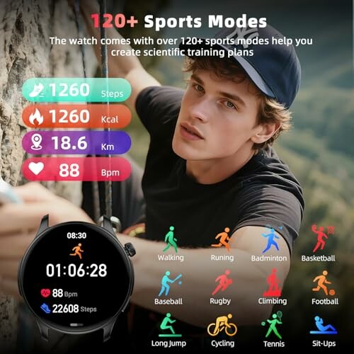 Smartwatch with 120+ sports modes and health tracking features.
