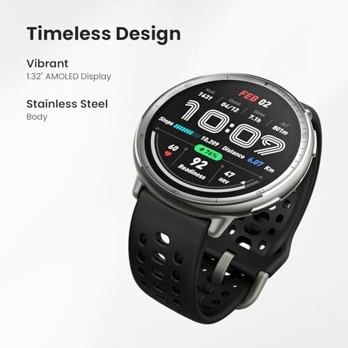 Smartwatch with a vibrant 1.32-inch AMOLED display and stainless steel body