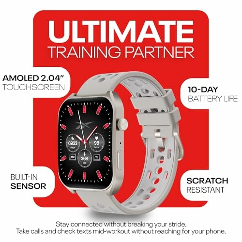 Smartwatch with AMOLED touchscreen, 10-day battery, built-in sensor, scratch resistant.