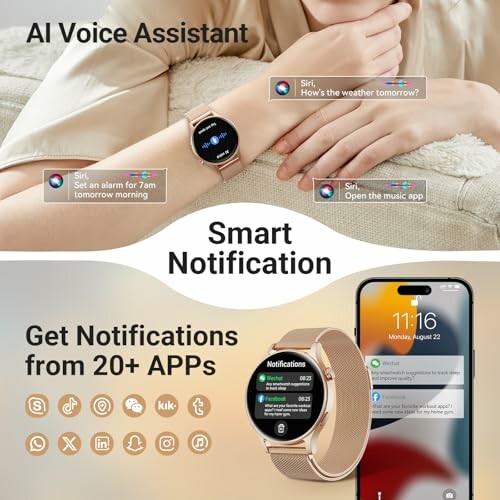 Smartwatch with AI voice assistant and app notifications.