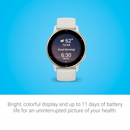 Smartwatch showing weather and time on blue background.