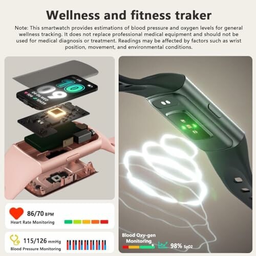 Smartwatch showing wellness and fitness tracking features including heart rate and blood oxygen monitoring.